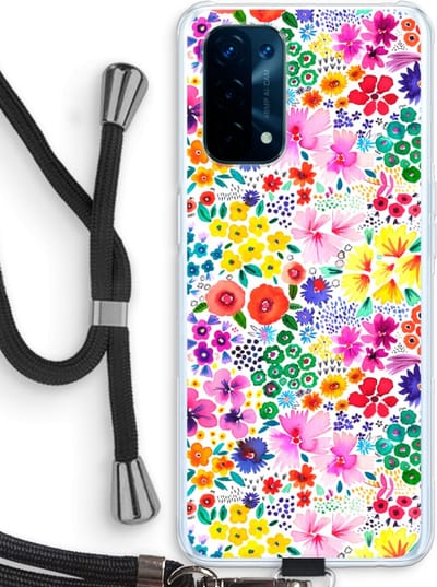 Case Company® - Hoesje met koord geschikt voor Oppo A74 5G hoesje met Koord - Little Flowers - Telefoonhoesje met Zwart Koord - Bescherming aan alle Kanten en Over de Schermrand