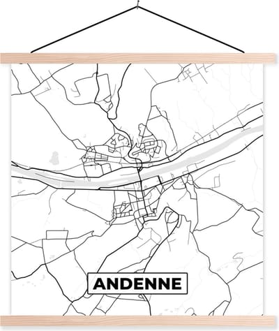 Posterhanger incl. Poster 40x40 cm - Schoolplaat - Zwart Wit – België – Plattegrond – Stadskaart – Kaart – Andenne - Textielposter - Blanke latten - Stadskaart