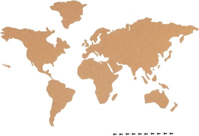 SNJY® Wereldkaart Prikbord - Poster Wereld - Werelddelen - 102 x 50,3 cm - 18-Delig - 10 Punaises - Bruin