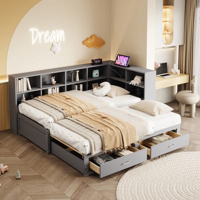 MODFU – Uitschuifbaar Eenpersoonsbed – 90/180x190 cm – Opbergruimte & Stopcontact – Modern – Hout – Grijs