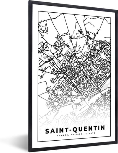 Fotolijst incl. Poster Zwart Wit- Stadskaart - Saint-Quentin - Plattegrond - Kaart - Frankrijk - Zwart wit - 40x60 cm - Posterlijst