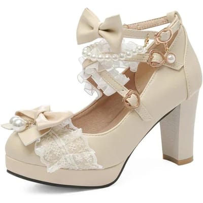 Cross Strap Vrouwen Hoge Hakken Mary Jane Pumps Feest Bruiloft Cosplay Wit Roze Zwart Aardbei Strik Prinses Cosplay Lolita Schoenen 33 beige
