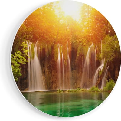 Artaza Forex Muurcirkel Watervallen Bij Het Groene Meer Met Zon - 70x70 cm - Wandcirkel - Rond Schilderij - Wanddecoratie Cirkel - Muurdecoratie