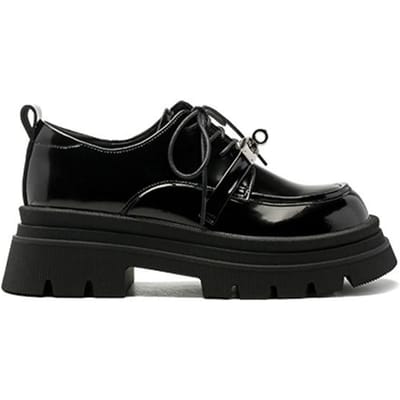 Lente en Zomer Ronde Neus Kleine Leren Schoenen, Muffinzool, Dikke Hak Sluiting, Geluksschoenen, Dames Zacht Veterschoenen, Damesschoenen, Nieuwe Enkele Schoenen 40 black