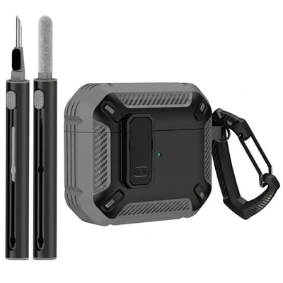 Grijs robuust hoesje voor oordopjes met carbon look geschikt voor AirPods Pro 2 inclusief schoonmaakset en karabijnhaak – schokbestendig en duurzaam