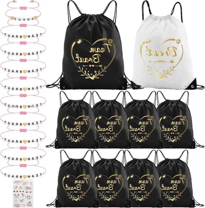 Team Bride Gymtas met Trekkoord (42 x 33 cm) en 10 Vrouwenarmbanden voor Bachelorette Party, Bruiloft, Feestdecoratie, Cadeaus, Zwart