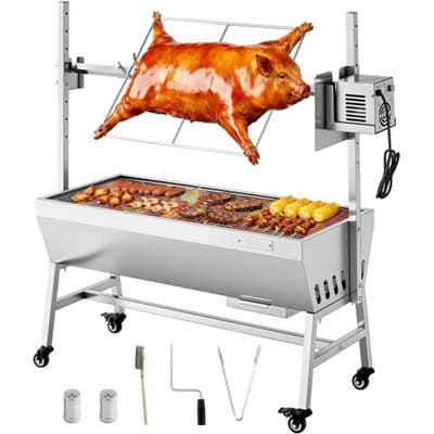 VEVOR Rotisserie Grill 38 W voor speenvarken, lamsvlees of houtskool (94 cm grilllengte) met een draagvermogen van 60 kg, wielen en 7-voudige hoogteverstelling, roestvrijstalen elektrische grillset voor kamperen en buitengebruik