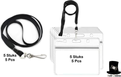 Bob Online ™ - 5 Stuks – Horizontaal PVC ID Badgehouders + 5 Stuks Lanyards – Waterdichte Plastic ID Badgehouders – ID-Kaarthouder – Plastic ID-Kaarthouders – Transparant ID-Badgehouder – PVC Horizontal ID Badge Holders x 5 – Lanyards Black x 5