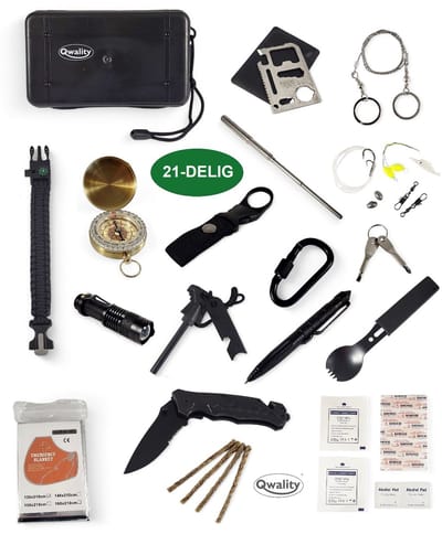 Survival Kit 21-Delig – Nooduitrusting – Professionele Survival Set – Noodpakket – Overlevingspakket – Camping Kit – Survivalset - Qwality®
