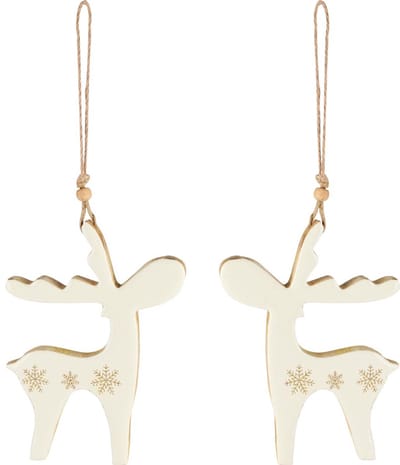 Dekoratief | Hanger rendier m/sneeuwvlokje, wit/goud, hout, 15x11x2cm, set van 2 stuks | A258270
