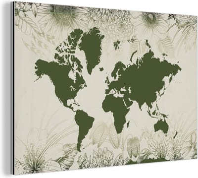 Aluminium schilderij 180x120 cm - Wanddecoratie metaal - Wereldkaart - Bloemen - Groen - Metalen muurdecoratie woonkamer - Decoratie industrieel - Foto op dibond - Industriële accessoires slaapkamer