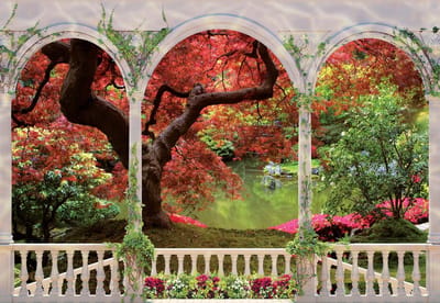 Fotobehang Forest Through Arches | XL - 208cm x 146cm | 130g/m2 Vlies