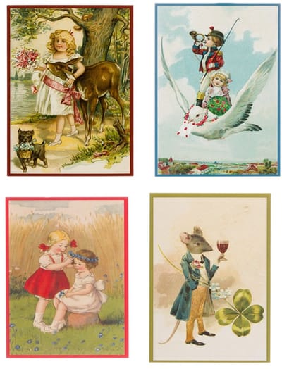 Nostalgische kaarten - 4 stuks - Franz_Josef - Klassieke Vintage afbeeldingen - nostalgische ansichtkaarten - prentbriefkaart - dieren - kinderen - Feestelijk - verjaardag -Oude Brocante briefkaarten