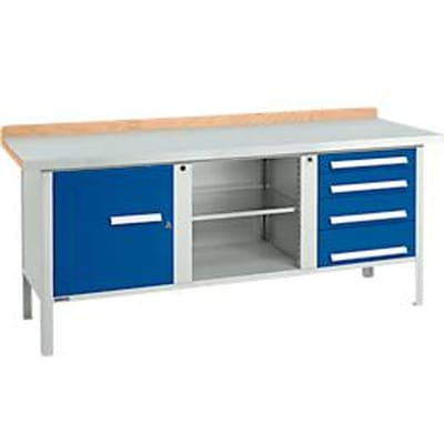 Box-type werkbank Schäfer Shop Select PW 200-1, beuken multiplex blad, met stalen afdekking, tot 750 kg, B 2000 x D 700 x H 840 mm, gentiaanblauw