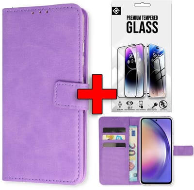 Casemania Hoesje & Glas Geschikt voor Apple iPhone 16e - Paars - Portemonnee Book Case - Glazen Screenprotector