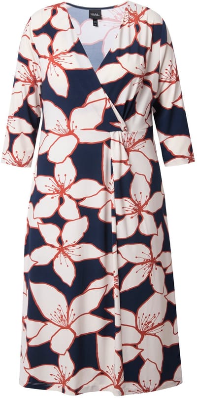 Ulla Popken - Dames - Midi-jurk bloemen wikkellook V-hals 3/4-mouw - Marine - Maat 54+