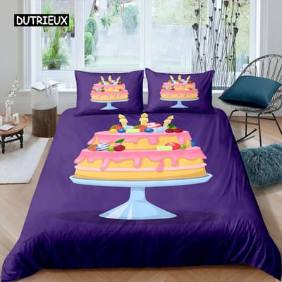 Cartoon Taart Koning Koningin Dekbedovertrek Dessert Cupcake IJs Beddengoed Set Kind Fijne Verjaardag Polyester Dekbedovertrek Kinderen Cadeaus AU King(245x210cm)
