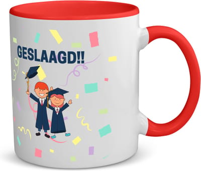 Akyol - geslaagd 2 mensen koffiemok - theemok - rood - Felicitatie - iemand die is geslaagd - gefeliciteerd - examen - school - diploma gehaald - 350 ML inhoud