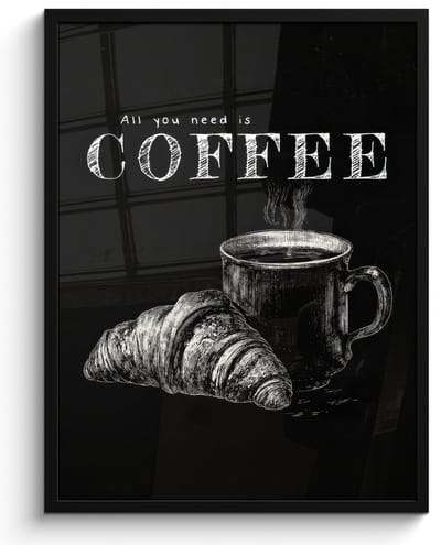 Poster in lijst - Fotolijst 60x80 cm - Posters - Koffie - Croissant - Tekst - Posterlijst zwart - Decoratie - Wanddecoratie woonkamer - Muurdecoratie slaapkamer