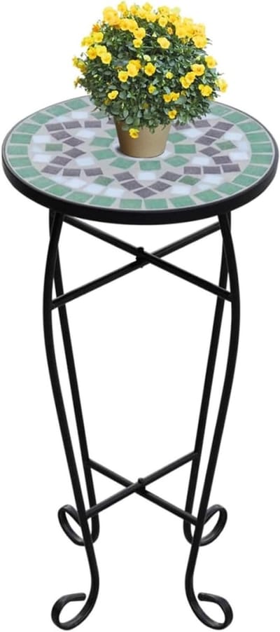 Mozaïek Plantentafel - Groen & Wit - Ø 30 cm - Bijzettafel voor Buiten & Binnen - Mediterrane Bloementafel - Hoogte 60 cm