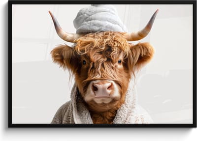 Poster in lijst - Fotolijst 120x80 cm - Posters - Schotse hooglander - Badjas - Koe - Dieren - Posterlijst zwart - Wanddecoratie badkamer - Muurdecoratie WC - Decoratieve accessoires - Toilet muur decoratie