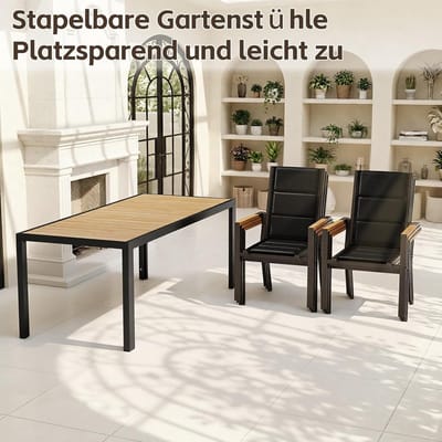 Tuinmeubelset 6 Personen 150x80x72 cm Aluminium Tuintafel met 6 Stapelbare Stoelen – Houtlook Armleuningen – Weerbestendig & Onderhoudsarm – Bruin – Nicolehome