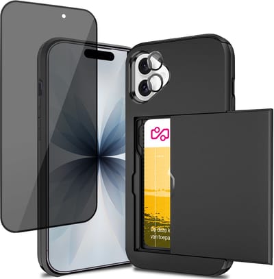 Hoesje met Pasjeshouder geschikt voor iPhone 17 - Privacy Screenprotector FullGuard & Camera Lens Screen Protector Zwart - Back Cover SlideCase Zwart