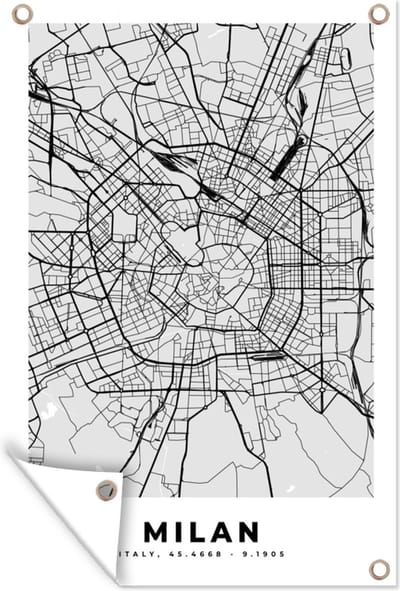 Muurdecoratie Milaan - Stadskaart - Zwart Wit - Plattegrond - Kaart - 120x180 cm - Tuinposter - Tuindoek