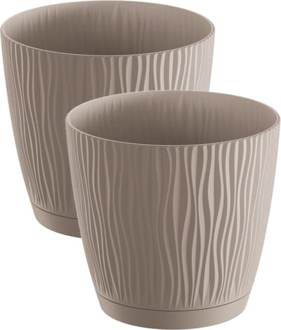 Prosperplast Plantenpot/bloempot Waves - 2x stuks - kunststof - taupe - D24 x H23 cm - binnen/buiten - met opvangschaal