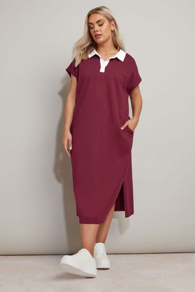 Yours Midaxijurk Van Katoen Met Open Kraag In Bessenrood Size 44