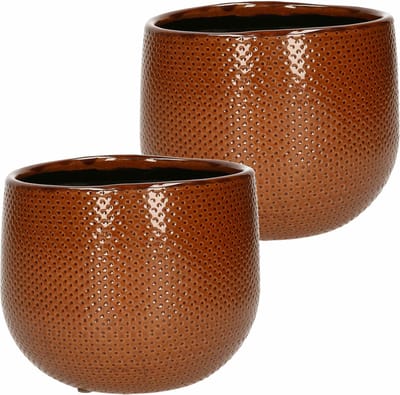 Set van 2x stuks keramiek aardewerk bloempotten van 14 x 16 cm in het geribbeld bruin - Mica Decorations plantenpotten