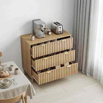 MODENUIT Ladekast - Drie Laden Met Verticaal Rasterdesign - Voor Woonkamer En Slaapkamer - MDF Eikenkleur - 80x39x80 Cm