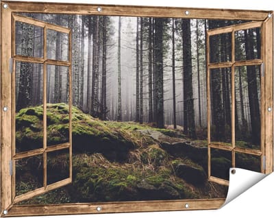Gards Tuinposter Doorkijk Bos met Mos op Rotsen - 120x80 cm - Tuindoek - Tuindecoratie - Wanddecoratie buiten - Tuinschilderij