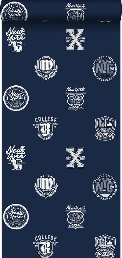 ESTAhome behang school emblemen donkerblauw - 53 cm x 10.05 m - 138826