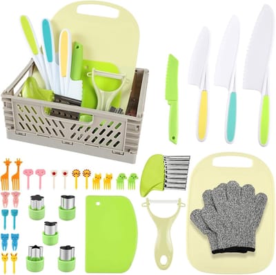 35-delige Kookset voor Kinderen in Groen - Veilige Kindermessen en Snijgereedschap voor Koken, Ideaal voor Leerzame Kookervaringen en Creatieve Activiteiten