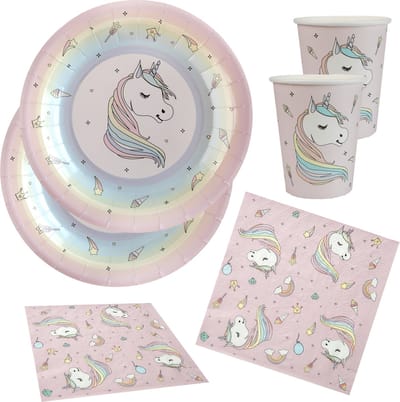 Eenhoorn feest wegwerp servies set - 10x bordjes / 10x bekers / 20x servetten - roze