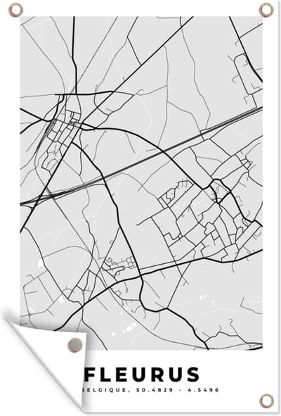 Muurdecoratie Zwart Wit – België – Plattegrond – Stadskaart – Kaart – Fleurus - 120x180 cm - Tuinposter - Tuindoek