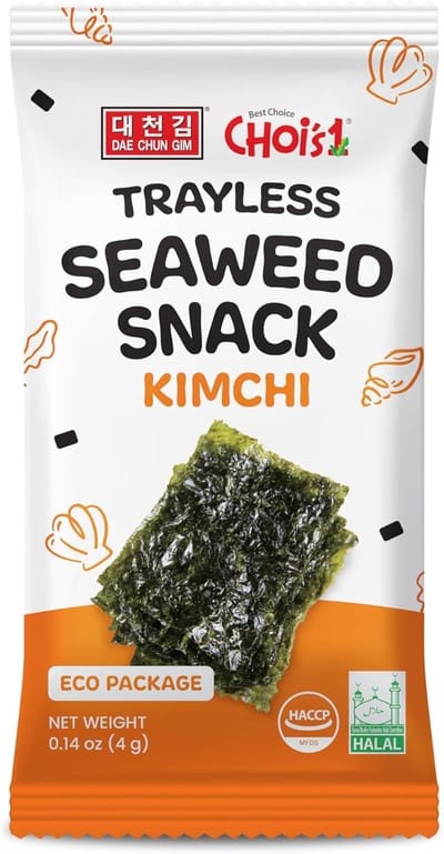 DAECHUN (Choi's1) Geroosterde Zeewiersnacks Zonder Schelp - Kimchi Smaak 20 stuks (4 g per stuk) | Milieuvriendelijke Verpakking Zonder Schelp - Pittige Koreaanse Nori Snack, Glutenvrij, Veganistisch, Keto, Caloriearm