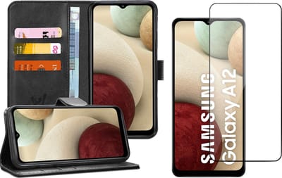 Hoesje geschikt voor Samsung Galaxy A12 - Screen Protector GlassGuard - Book Case Kunstleer Pasjeshouder Zwart & Screenprotector