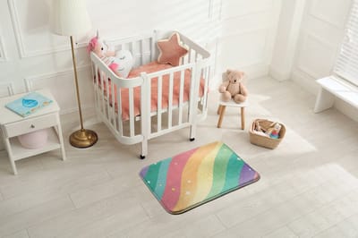 Coloray Vloerkleed voor Kinderkamer - Roze Klein Tapijt - Kleurrijke Regenbooggolven Vloerkleed - Geel Accenten Laagpolig Tapijt - Antislip Vloerkleed Voor Slaapkamer - 90x60 cm