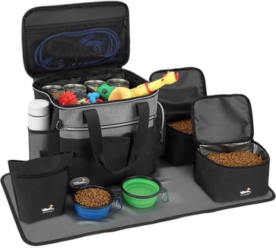 Reisbagage voor Honden met 2 Opvouwbare Schalen, Dieren Organizer met Multifunctionele Vakken, Zwart en Modern Design