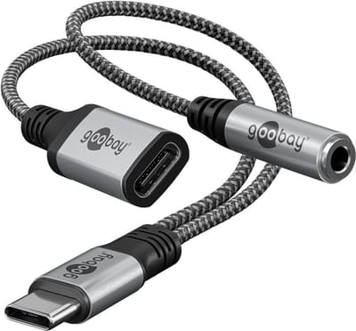 USB-C (m) naar 3,5mm Stereo Jack (v) en USB-C laadpoort - DAC - Nylon sleeve - 0,1 meter - Zwart