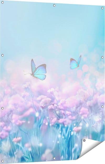 Gards Tuinposter Twee Blauwe Vlinders bij Roze Bloemen - 90x120 cm - Tuindoek - Tuindecoratie - Wanddecoratie buiten - Tuinschilderij