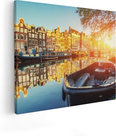 Artaza Canvas Schilderij Amsterdam - 100x80 cm - Groot - Wanddecoratie Grachten - Muurdecoratie Zonsondergang - Schilderijen Op Canvas Boot