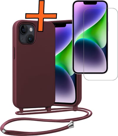 Hoesje Geschikt voor iPhone 13 Mini Hoes Met Telefoonketting Met Screenprotector - Backcover Geschikt voor iPhone 13 Mini Case Met Koord - Aubergine