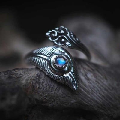 Bague vintage thaïlandaise en argent S925 avec pierre de lune et plume ouverte, cadeau de fête, bijoux, vente en gros Resizable gray