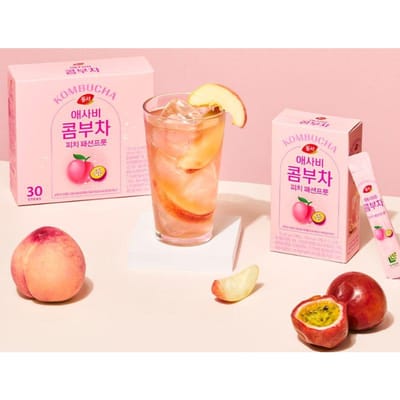 Poudre de Thé Kombucha en Stick Saveur Pêche Fruit de la Passion 5g x 30 Sachets Thé aux Fruits Style Coréen 1box (30ea) beige