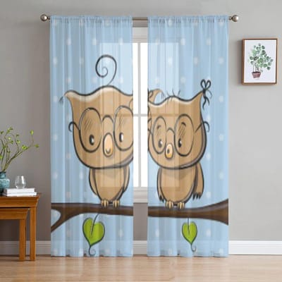 Uil Op Tak Tule Gordijnen Voor Woonkamer Slaapkamer Raam Transparante Gordijnen Keuken Balkon Voile Gordijnen 135W x 114H(cm) beige