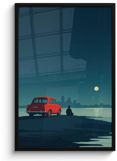 Poster in lijst - Fotolijst 60x90 cm - Posters - Auto - Volle maan - Uitkijkend over water - Posterlijst zwart - Decoratie - Wanddecoratie woonkamer - Muurdecoratie slaapkamer