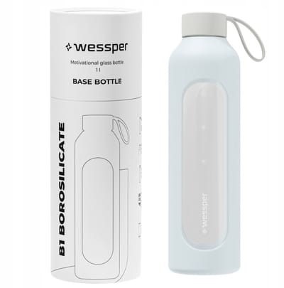 Glazen Motivatiefles 1000ml – Duurzame Waterfles in ICE BLUE